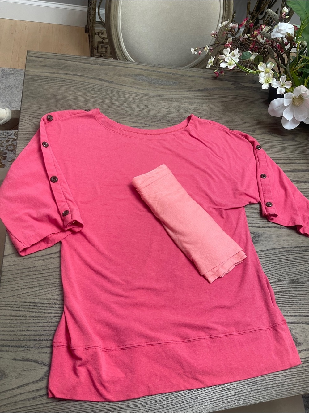 Soft Surroundings Coral Button-Trim 3/4 sleeve Tee comes with matching scarf.